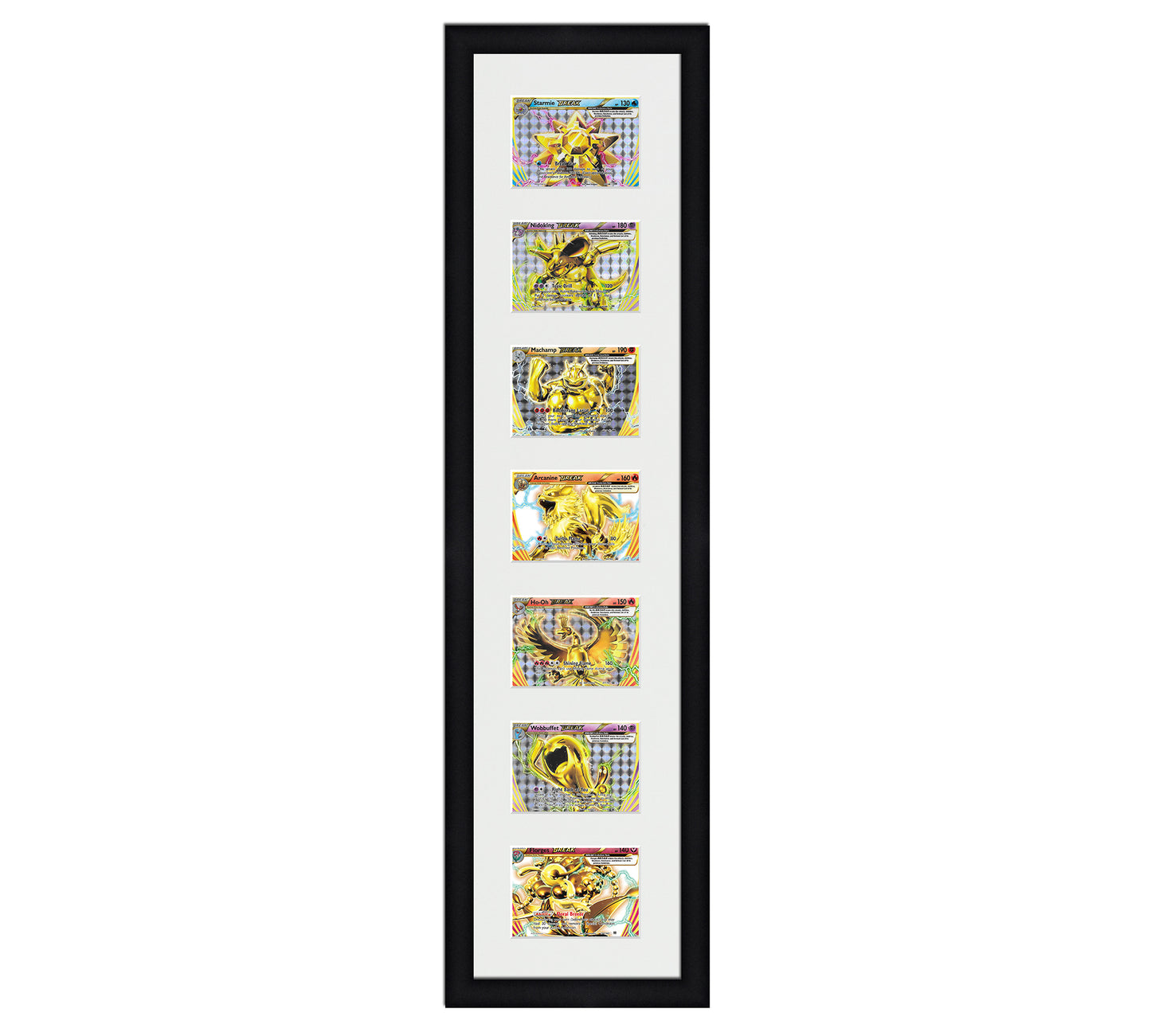 Framed Card Display for horizontal cards in sleeves in a 7 up layout with a white background and black frame