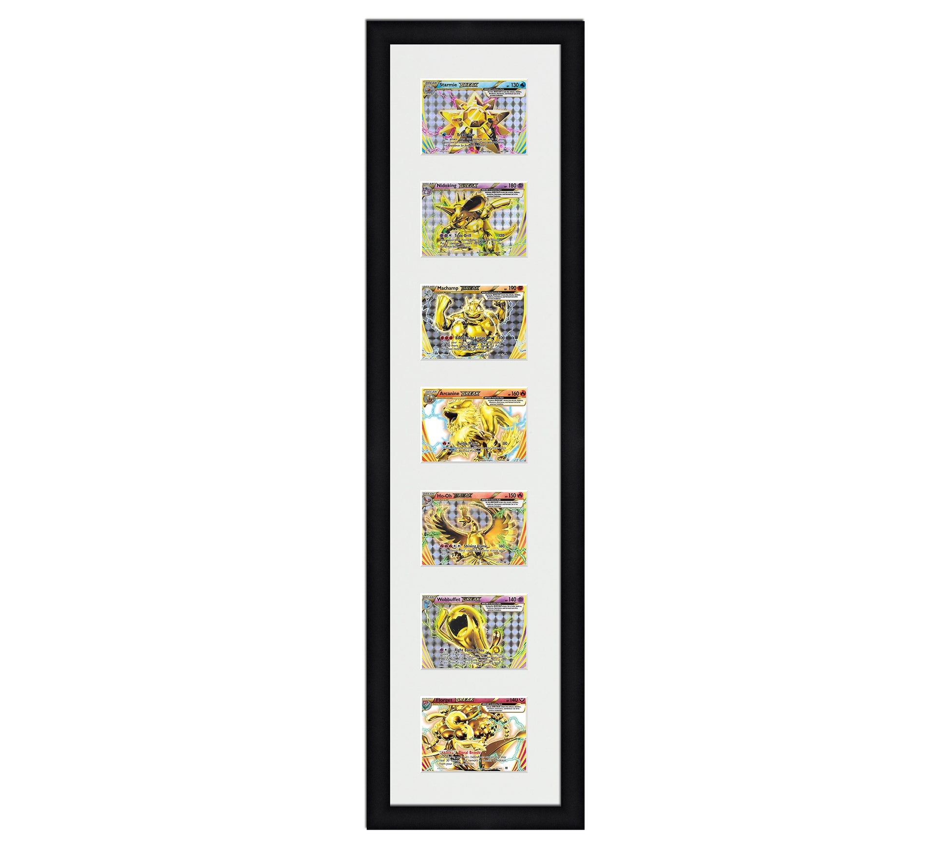 Framed Card Display for horizontal cards in sleeves in a 7 up layout with a white background and black frame