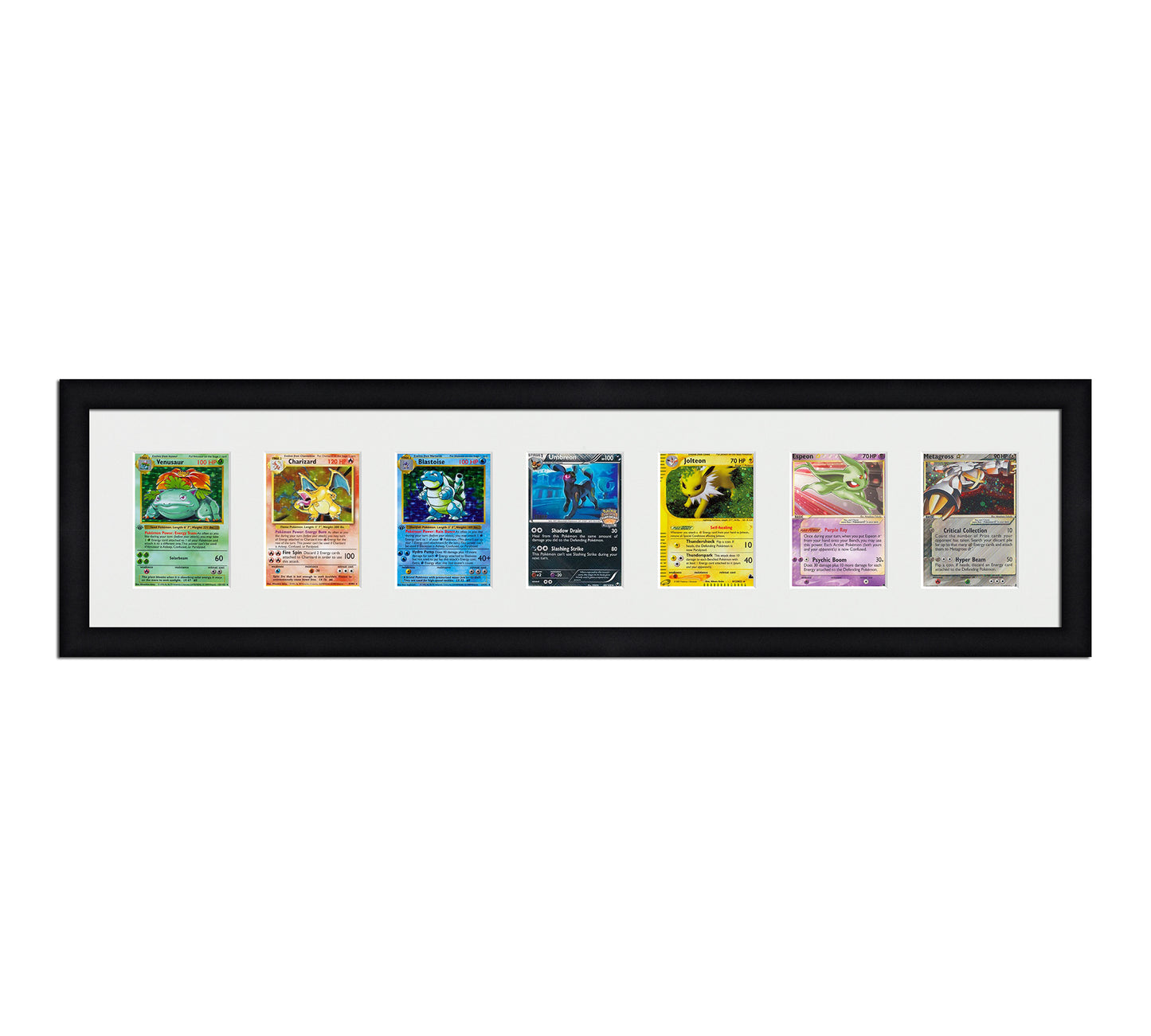 Framed Card Display for cards in sleeves in a 7 wide layout with a white background and black frame