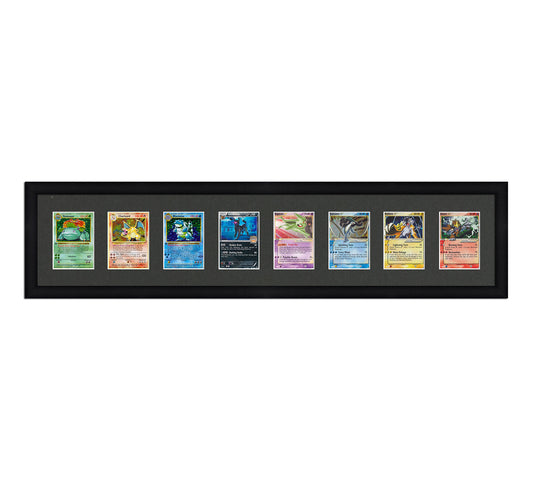 Framed Card Display for cards in sleeves in a 8 wide layout with a black background and black frame