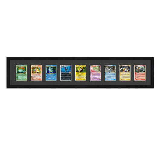 Framed Card Display for cards in sleeves in a 9 wide layout with a black background and black frame