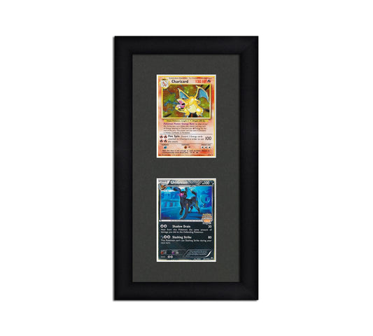 Framed Card Display for cards in sleeves in a 2 up layout with a white background and black frame