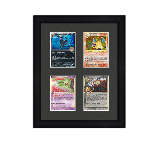 Framed Card Display for cards in sleeves in a 2x2 layout with a black background and black frame