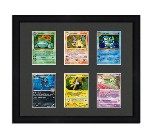 Framed Card Display for cards in sleeves in a 2x3 layout with a black background and black frame