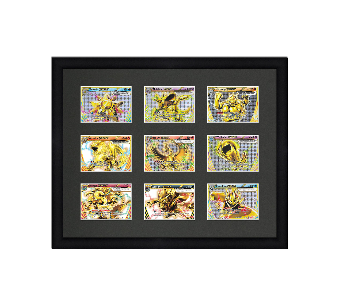 Framed Card Display for horizontal cards in sleeves in a 3x3 layout with a black background and black frame