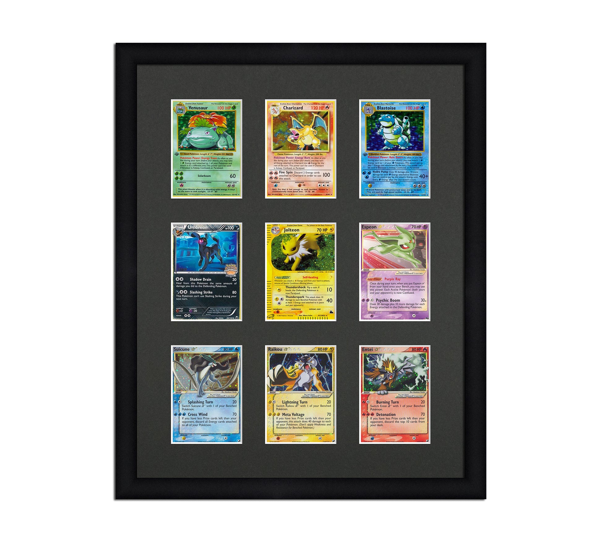 Framed Card Display for cards in sleeves in a 3x3 layout with a black background and black frame