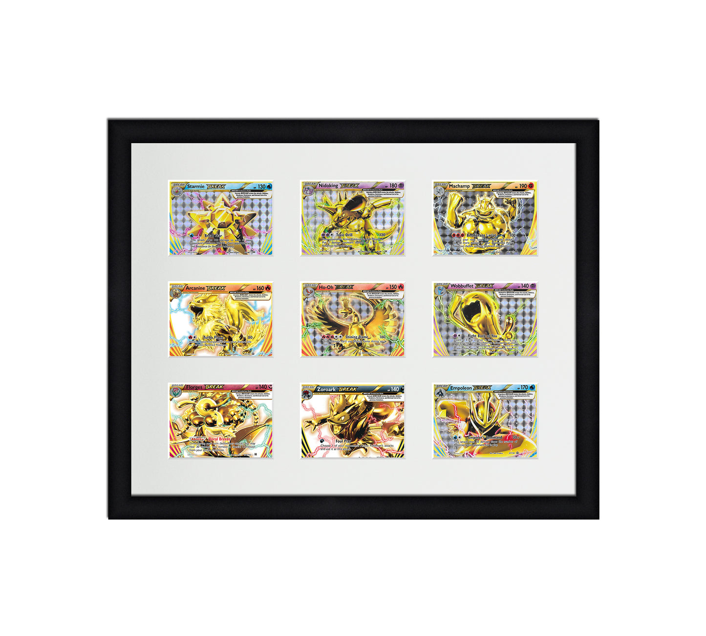 Framed Card Display for horizontal cards in sleeves in a 3x3 layout with a white background and black frame