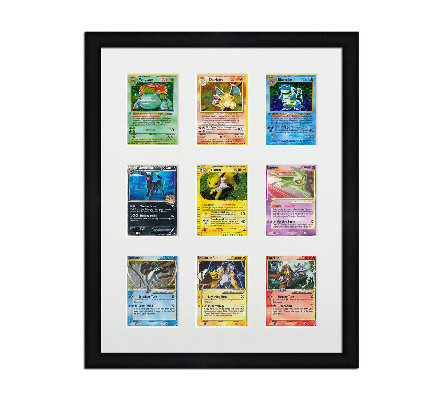 Framed Card Display for cards in sleeves in a 3x3 layout with a white background and black frame