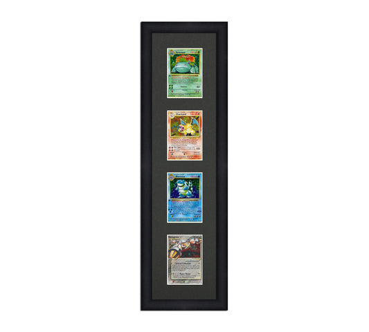 Framed Card Display for cards in sleeves in a 4 up layout with a black background and black frame