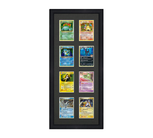 Framed Card Display for sleeved cards in a 4x2 layout with a black background and black frame