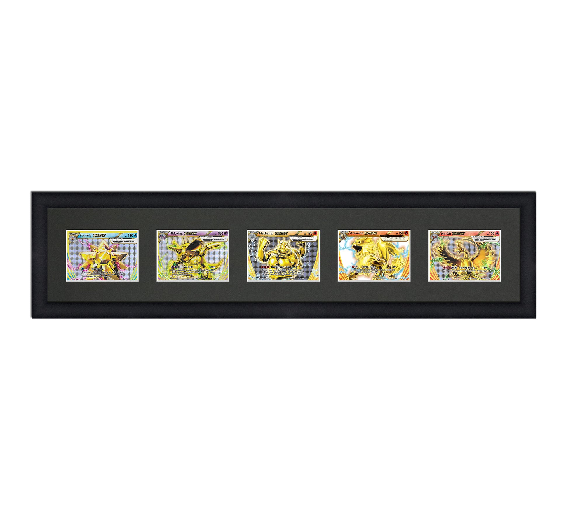 Framed Card Display for horizontal cards in sleeves in a 5 long layout with a black background and black frame