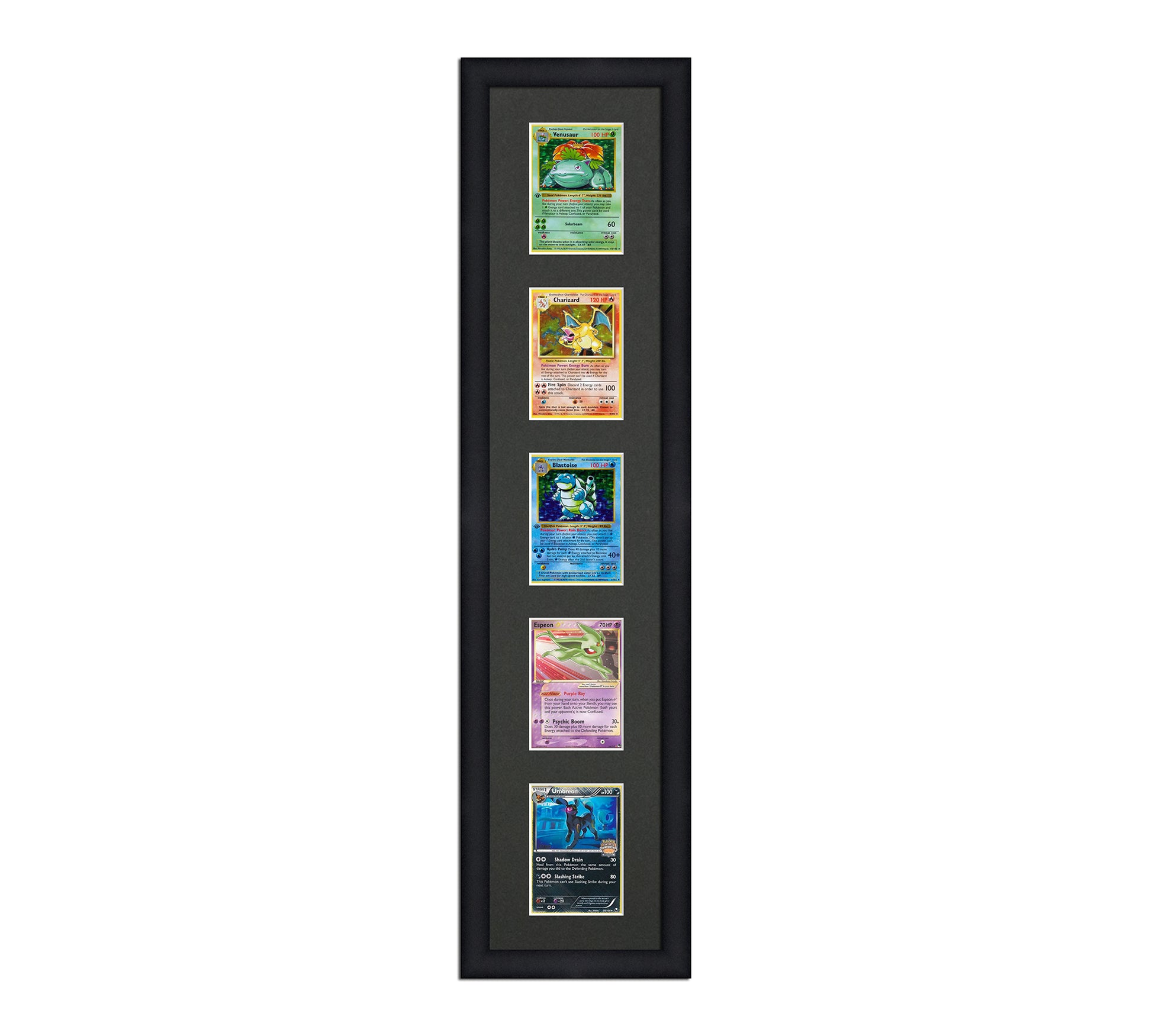 Framed Card Display for cards in sleeves in a 5 up layout with a black background and black frame