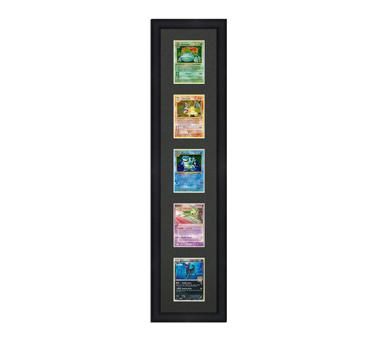 Framed Card Display for cards in sleeves in a 5 up layout with a black background and black frame