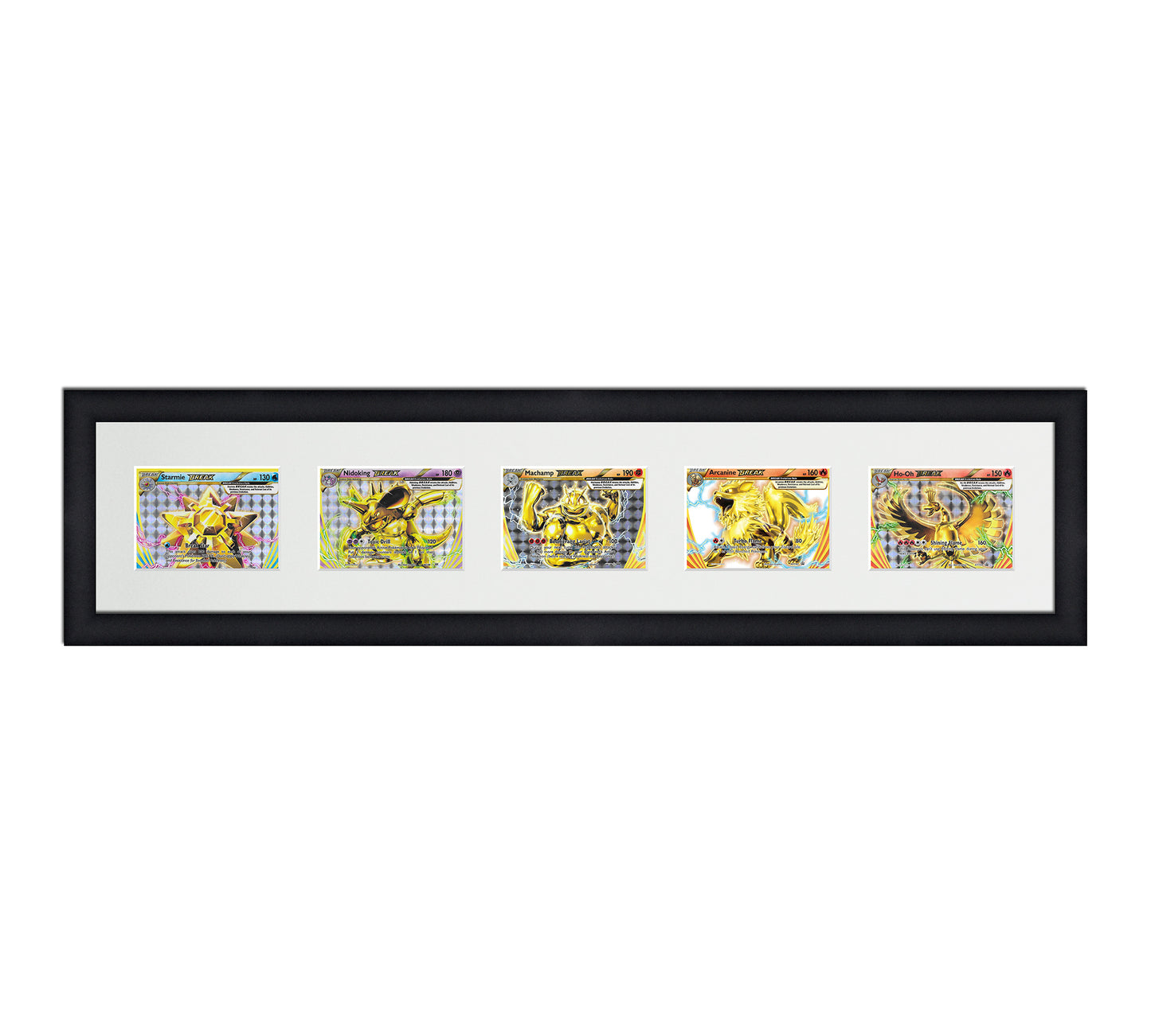 Framed Card Display for horizontal cards in sleeves in a 5 long layout with a white background and black frame