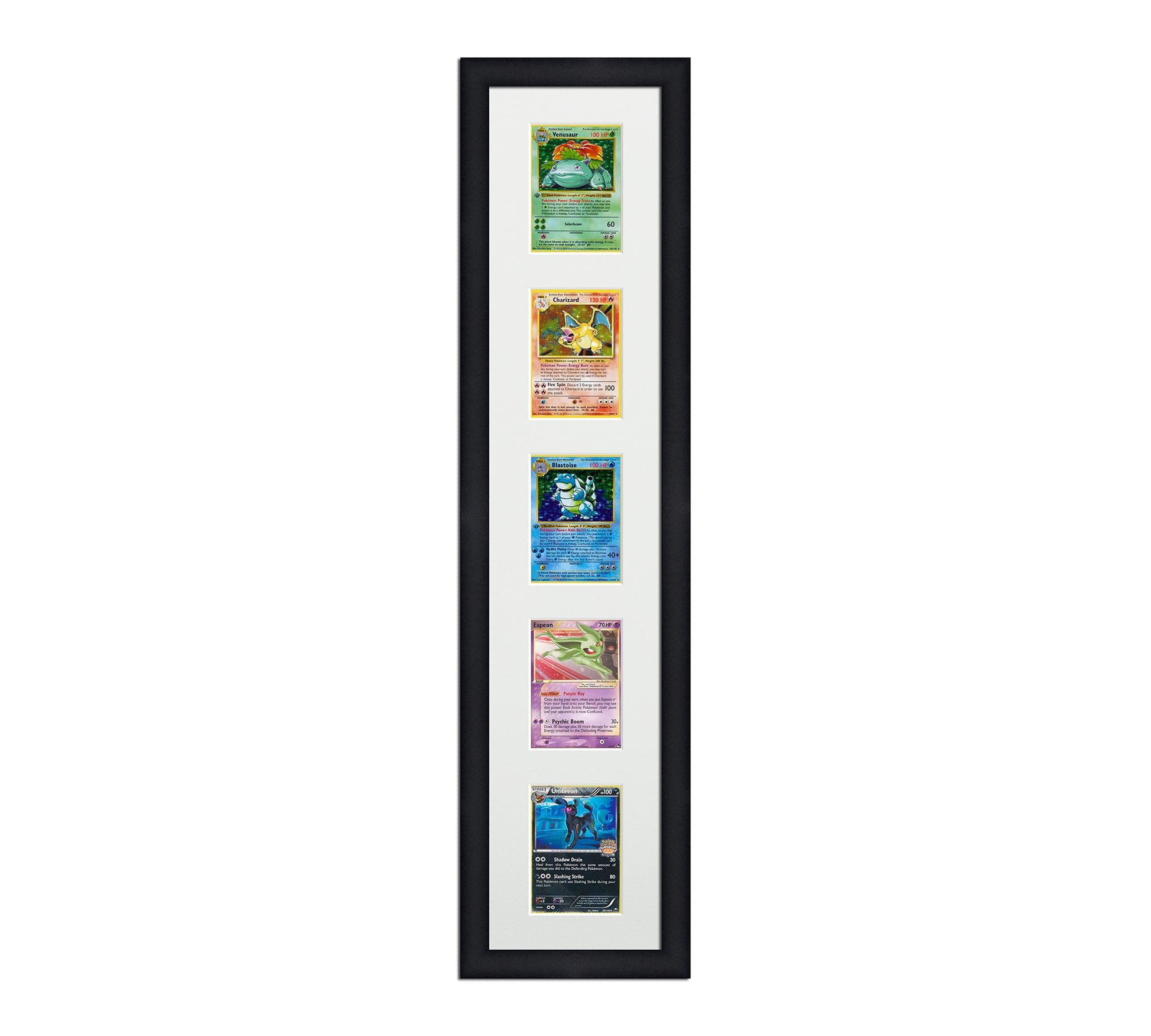 Framed Card Display for cards in sleeves in a 5 up layout with a white background and black frame