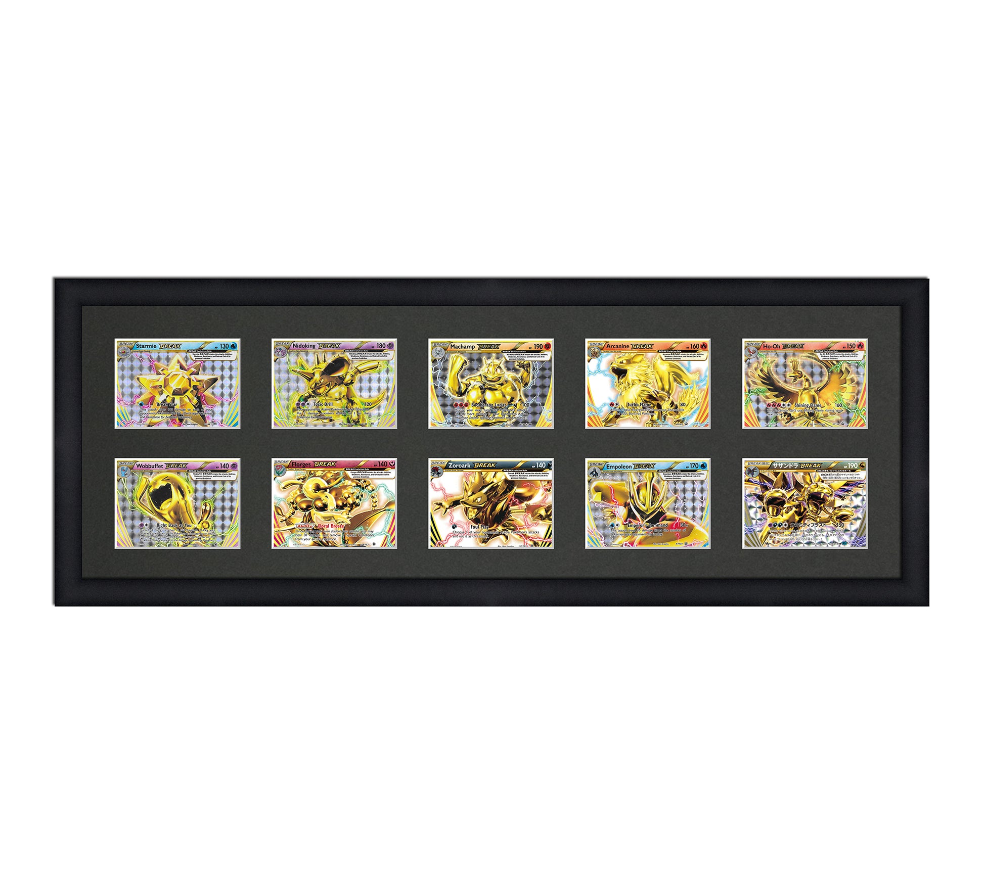 Framed Card Display for horizontal cards in sleeves in a 2x5 layout with a black background and black frame