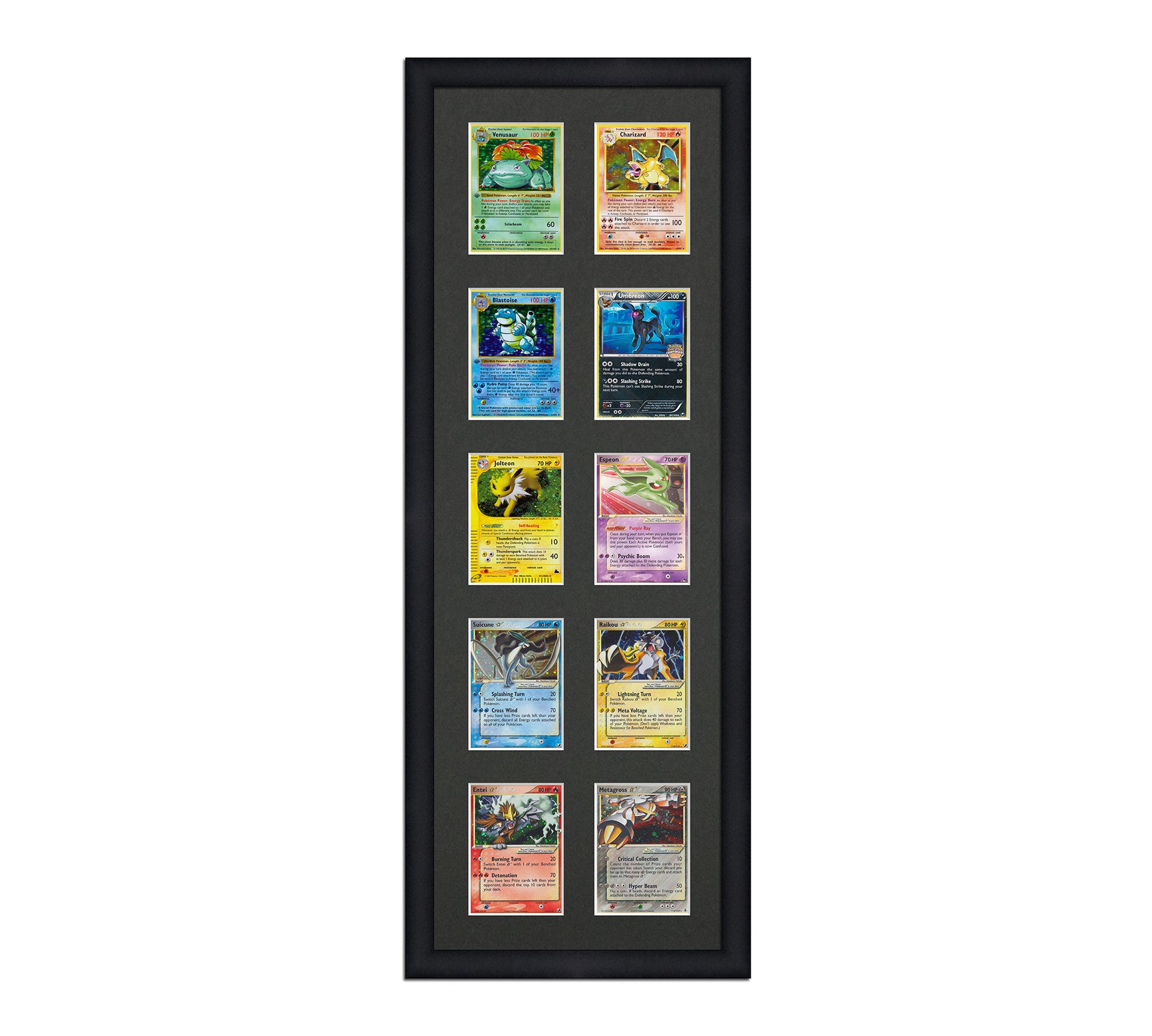 Framed Card Display for cards in sleeves in a 5x2 layout with a black background and black frame