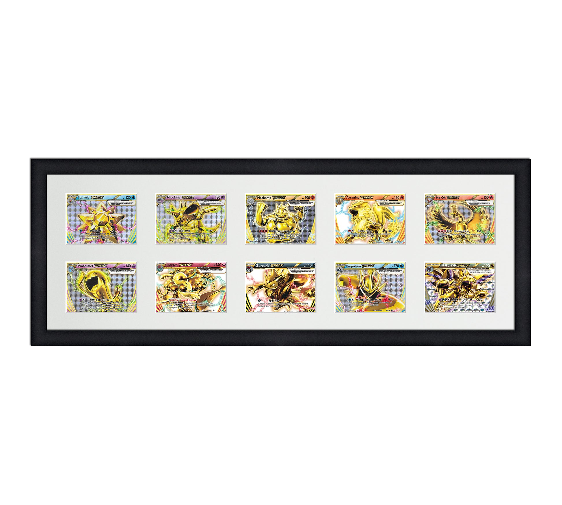 Framed Card Display for horizontal cards in sleeves in a 2x5 layout with a white background and black frame