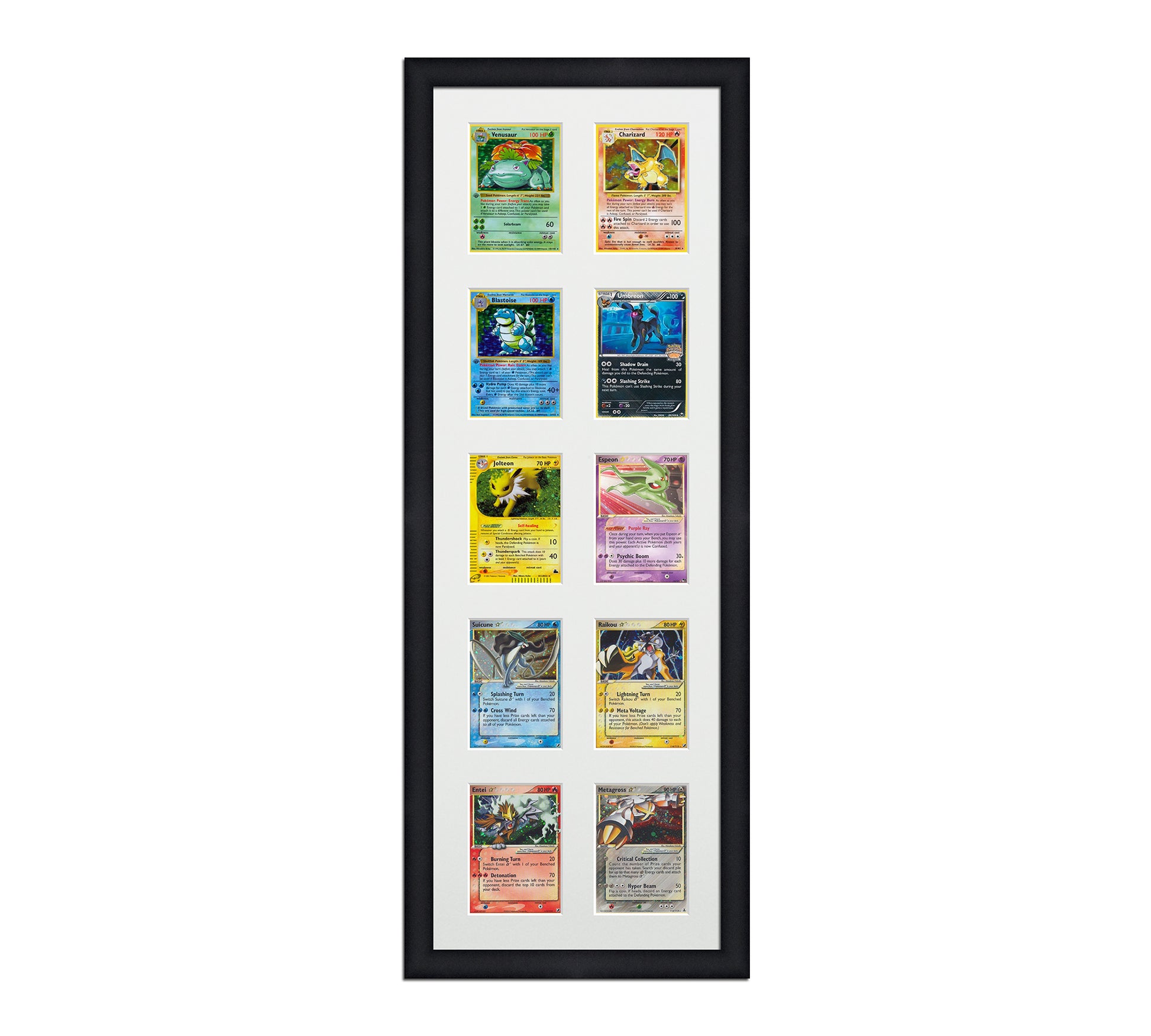 Framed Card Display for cards in sleeves in a 5x2 layout with a white background and black frame