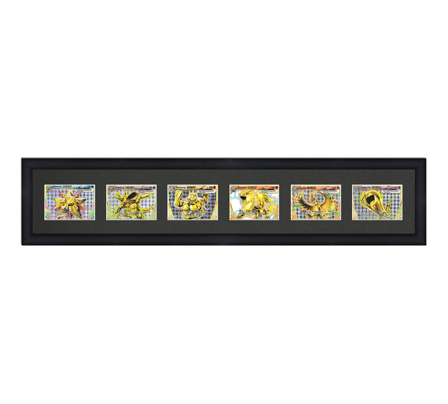 Framed Card Display for horizontal cards in sleeves in a 6 wide layout with a black background and a black frame