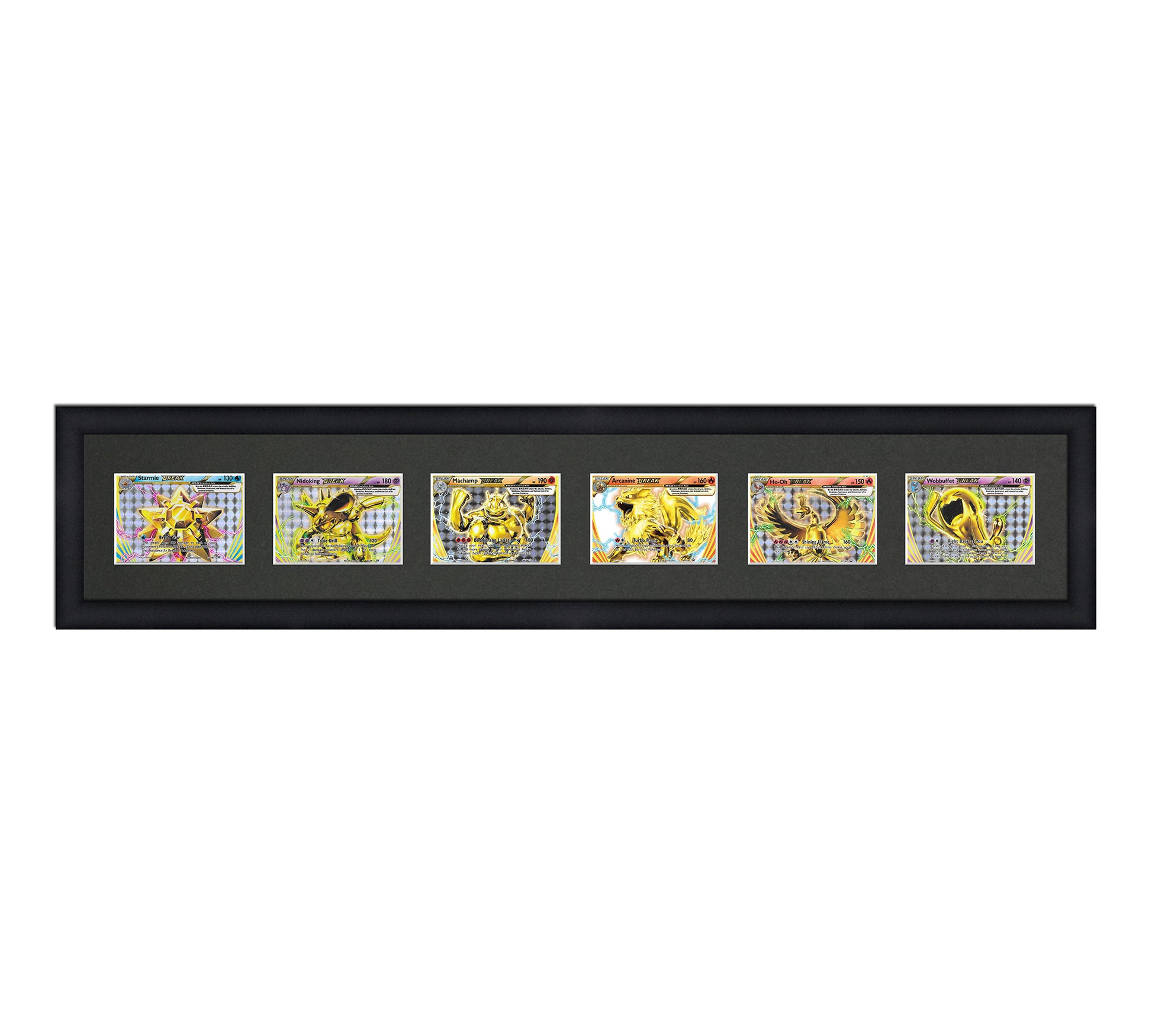 Framed Card Display for horizontal cards in sleeves in a 6 wide layout with a black background and a black frame