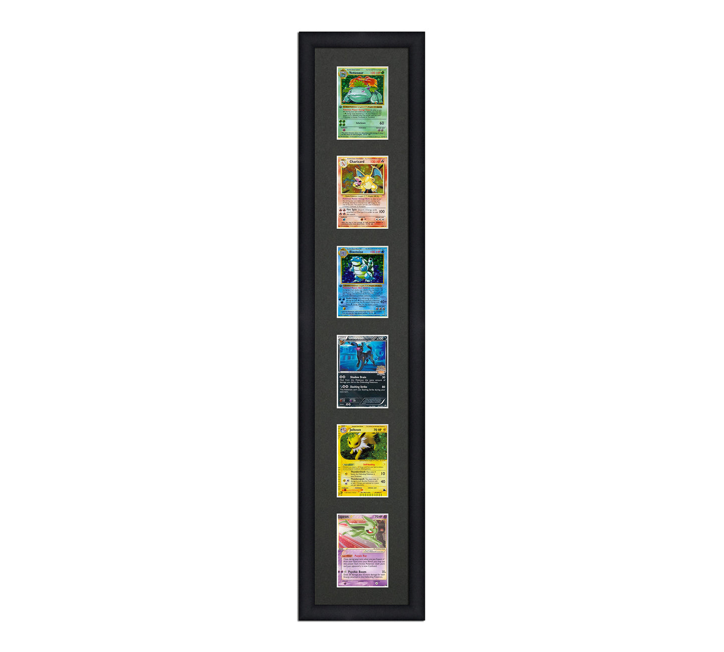 Framed Card Display for cards in sleeves in a 6 up layout with a black background and black frame