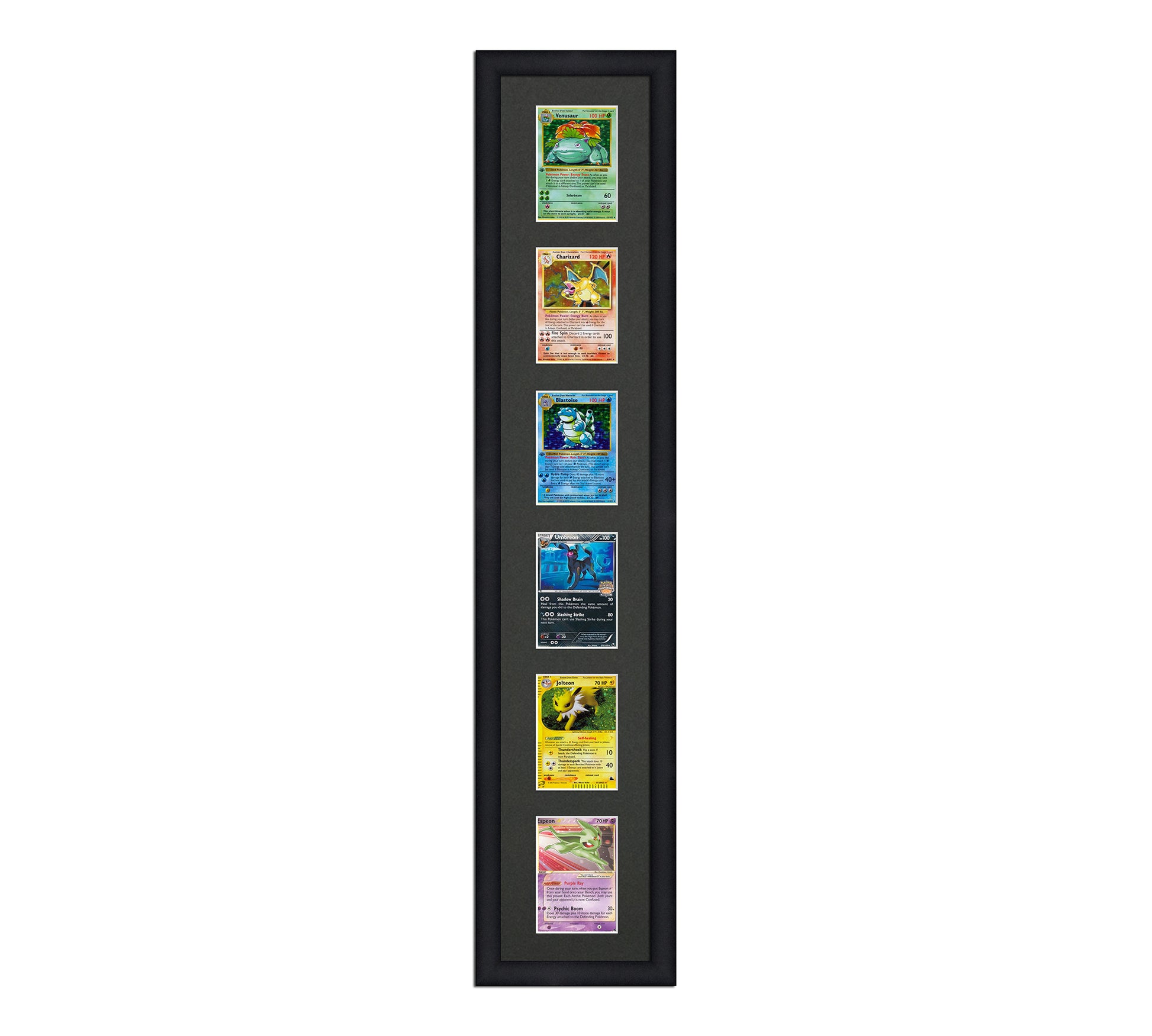 Framed Card Display for cards in sleeves in a 6 up layout with a black background and black frame