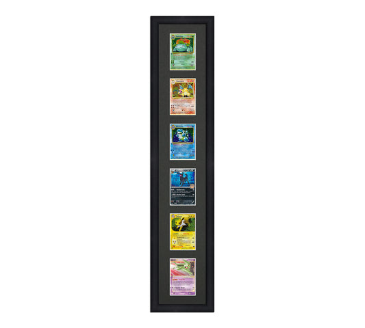 Framed Card Display for cards in sleeves in a 6 up layout with a black background and black frame