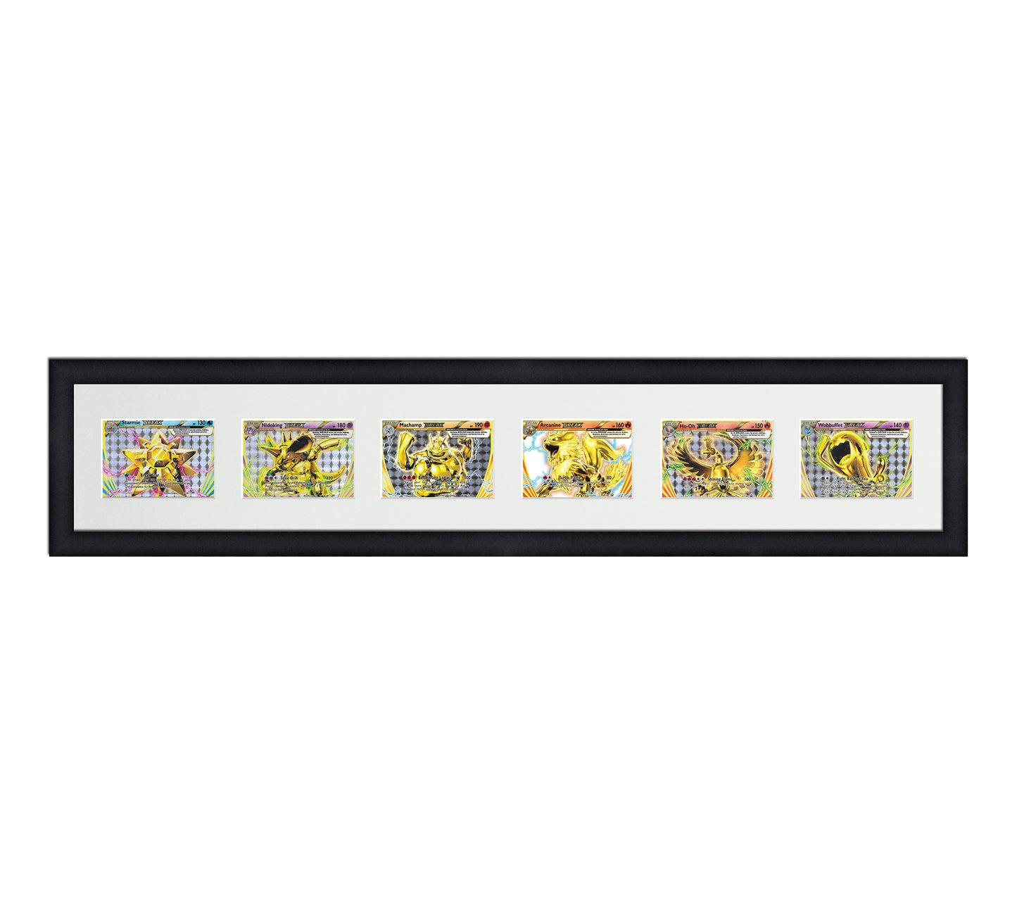 Framed Card Display for horizontal cards in sleeves in a 6 wide layout with a white background and a black frame