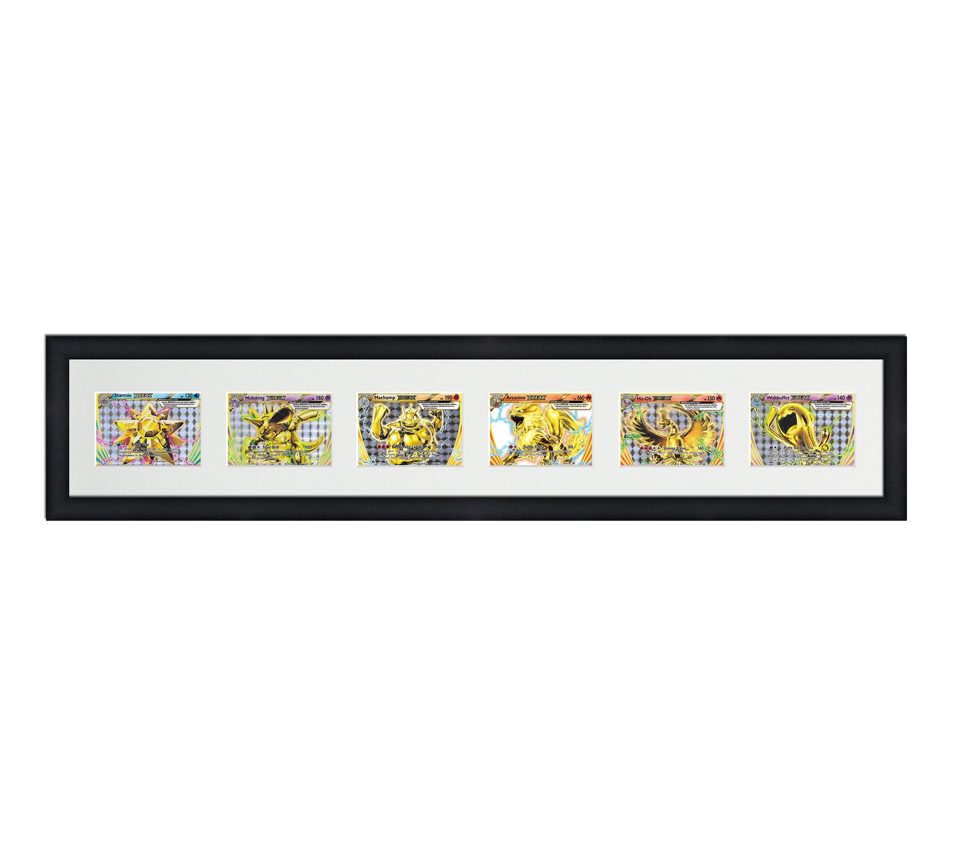 Framed Card Display for horizontal cards in sleeves in a 6 wide layout with a white background and a black frame