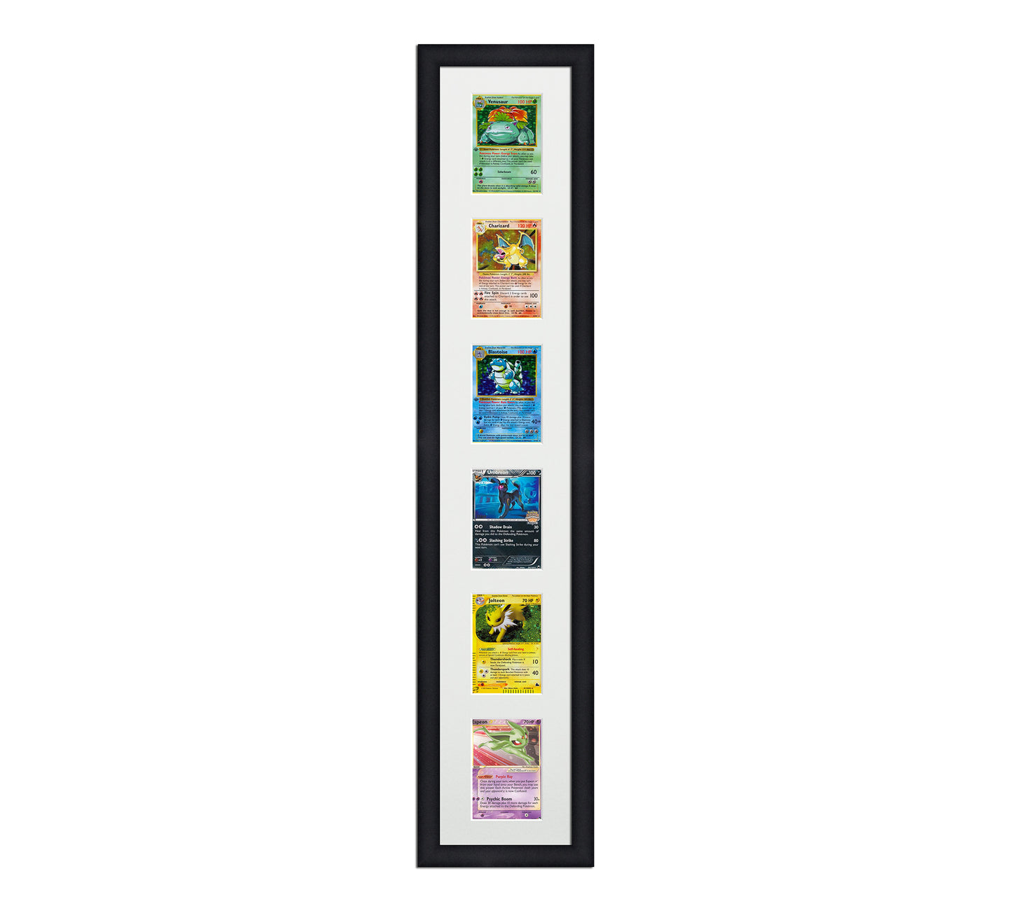 Framed Card Display for cards in sleeves in a 6 up layout with a white background and black frame