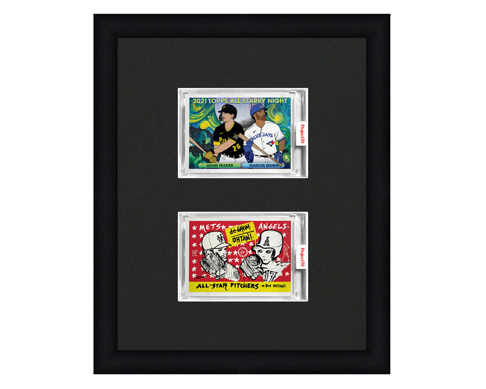 Framed Card Display for 2 horizontal Project 70, Project 2020, or Project 100 trading cards in an 2 up layout with a black background and black frame