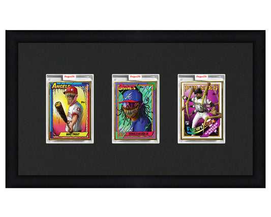 Framed Card Display for 3 Project 70, Project 2020, or Project 100 trading cards in an 3 wide layout with a black background and black frame