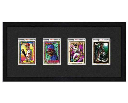 Framed Card Display for 4 Project 70, Project 2020, or Project 100 trading cards in an 4 wide layout with a black background and black frame