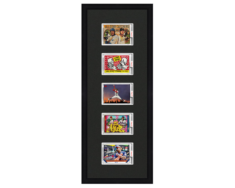 Framed Card Display for 5 horizontal Project 70, Project 2020, or Project 100 trading cards in an 5 up layout with a black background and black frame