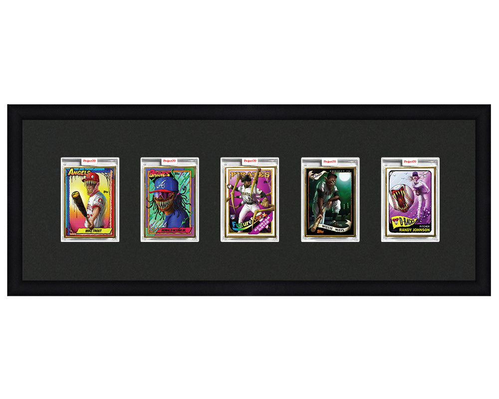 Framed Card Display for 5 Project 70, Project 2020, or Project 100 trading cards in an 5 wide layout with a black background and black frame