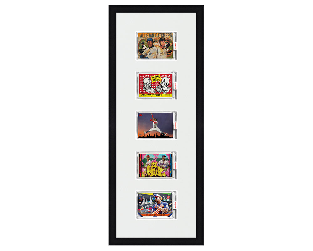 Framed Card Display for 5 horizontal Project 70, Project 2020, or Project 100 trading cards in an 5 up layout with a white background and black frame