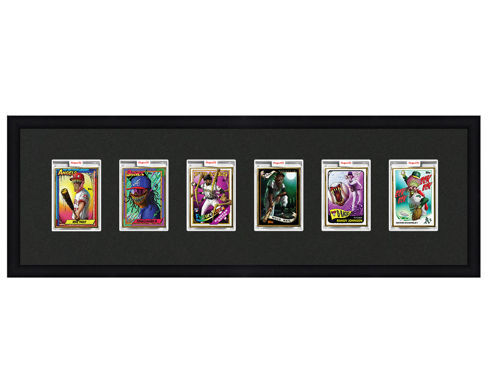 Framed Card Display for 6 Project 70, Project 2020, or Project 100 trading cards in an 6 wide layout with a black background and black frame