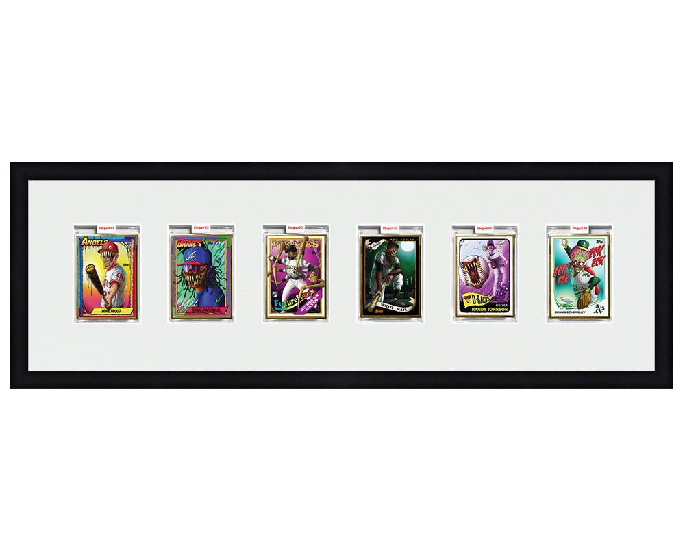 Framed Card Display for 6 Project 70, Project 2020, or Project 100 trading cards in an 6 wide layout with a white background and black frame