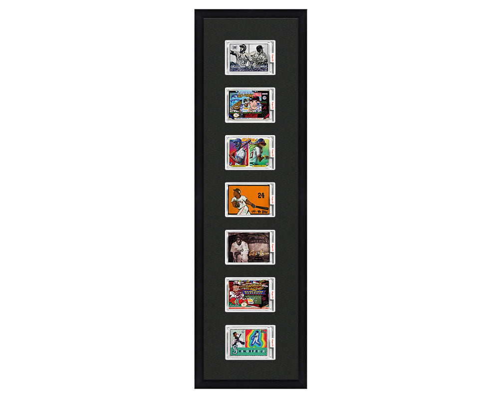 Framed Card Display for 7 horizontal Project 70, Project 2020, or Project 100 trading cards in an 7 up layout with a black background and black frame