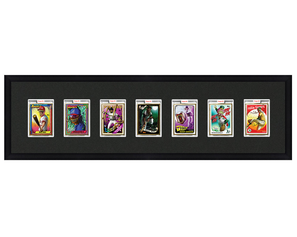 Framed Card Display for 7 Project 70, Project 2020, or Project 100 trading cards in an 7 up layout with a black background and black frame