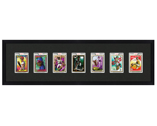 Framed Card Display for 7 Project 70, Project 2020, or Project 100 trading cards in an 7 up layout with a black background and black frame