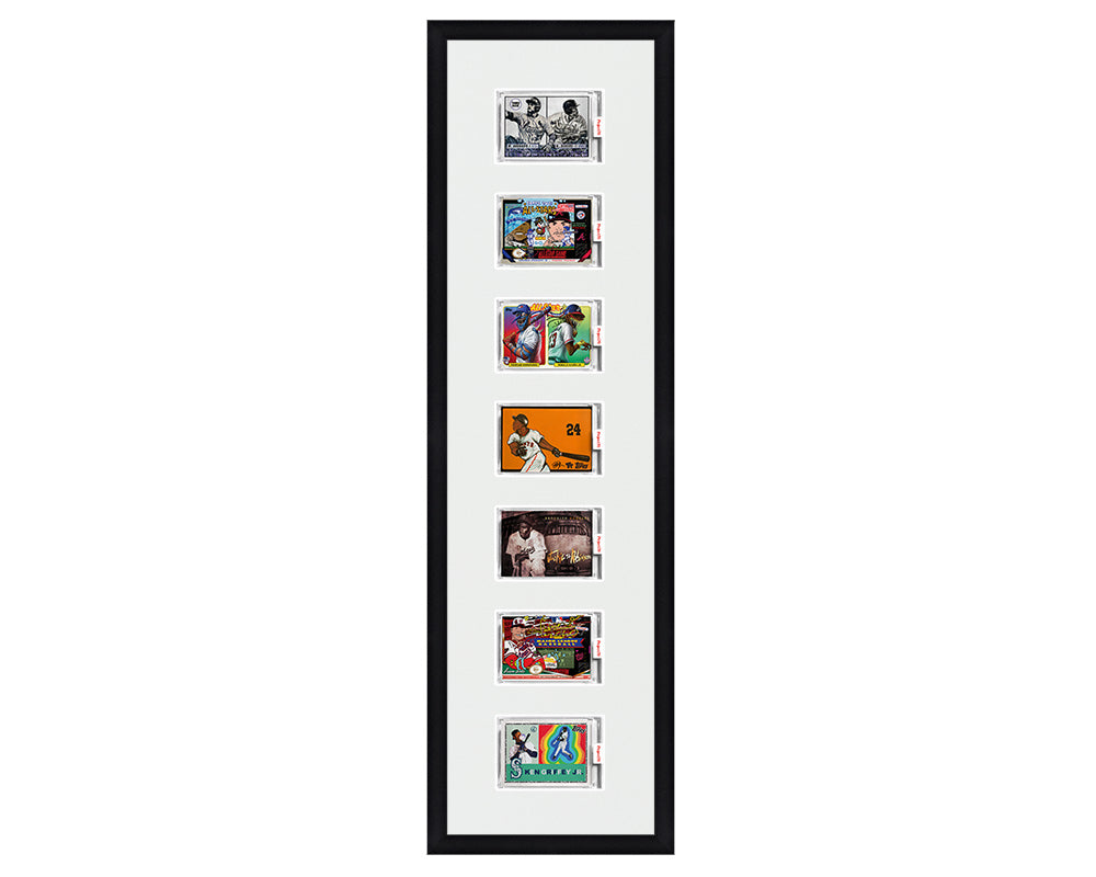 Framed Card Display for 7 horizontal Project 70, Project 2020, or Project 100 trading cards in an 7 up layout with a white background and black frame