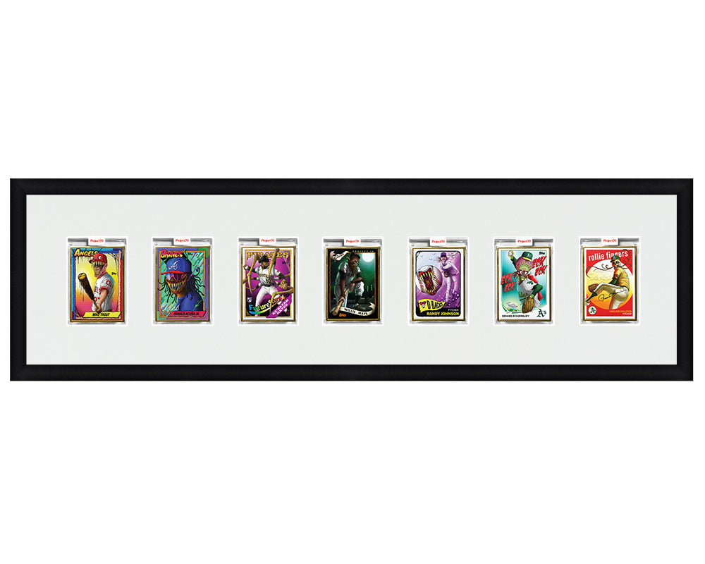 Framed Card Display for 7 Project 70, Project 2020, or Project 100 trading cards in an 7 wide layout with a white background and black frame