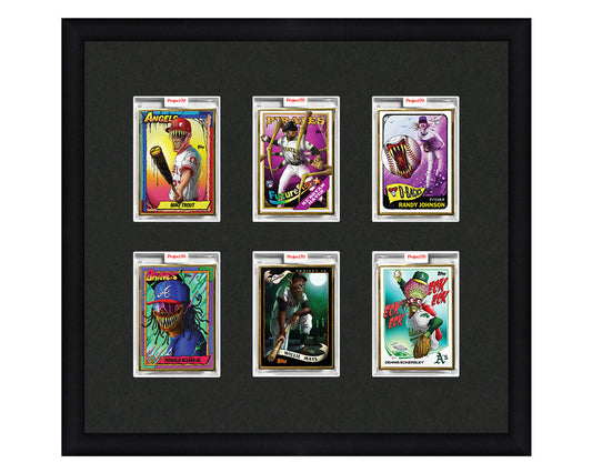 Framed Card Display for 6 Project 70, Project 2020, or Project 100 trading cards in a 2x3 layout with a black background and black frame