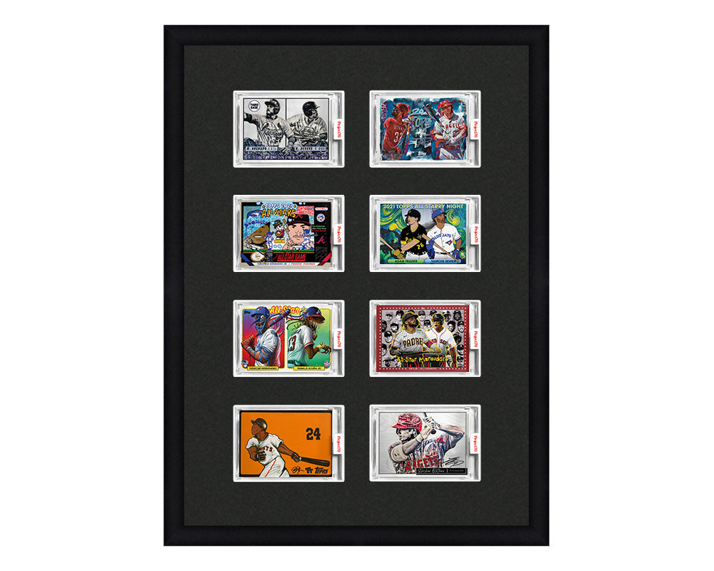 Framed Card Display for 8 horizontal Project 70, Project 2020, or Project 100 trading cards in a 4x2 layout with a black background and black frame