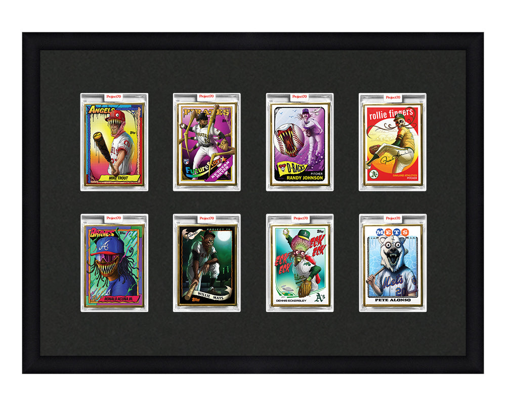 Framed Card Display for 8 Project 70, Project 2020, or Project 100 trading cards in a 2x4 layout with a black background and black frame