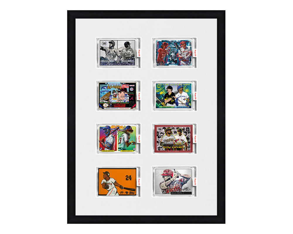 Framed Card Display for 8 horizontal Project 70, Project 2020, or Project 100 trading cards in a 4x2 layout with a white background and black frame