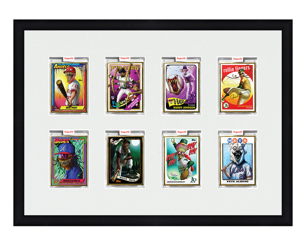 Framed Card Display for 8 Project 70, Project 2020, or Project 100 trading cards in a 2x4 layout with a white background and black frame