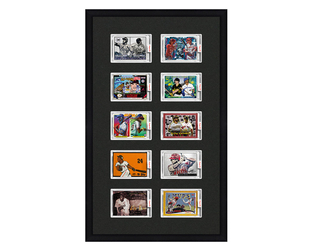 Framed Card Display for 10 horizontal Project 70, Project 2020, or Project 100 trading cards in a 5x2 layout with a black background and black frame